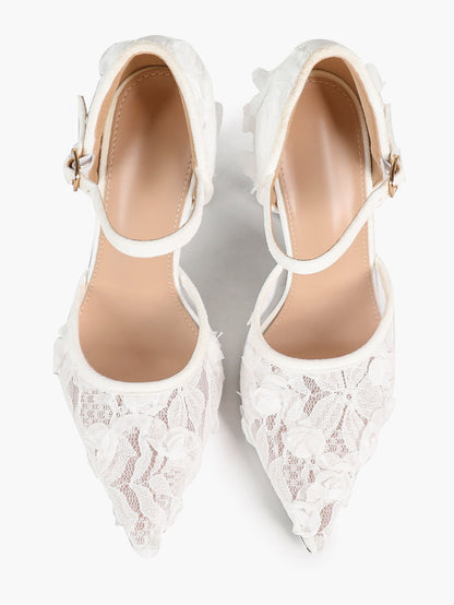 Chic White 3D Lace Stiletto Pumps - Pointed Toe Ankle Strap Heels with Floral Appliqué