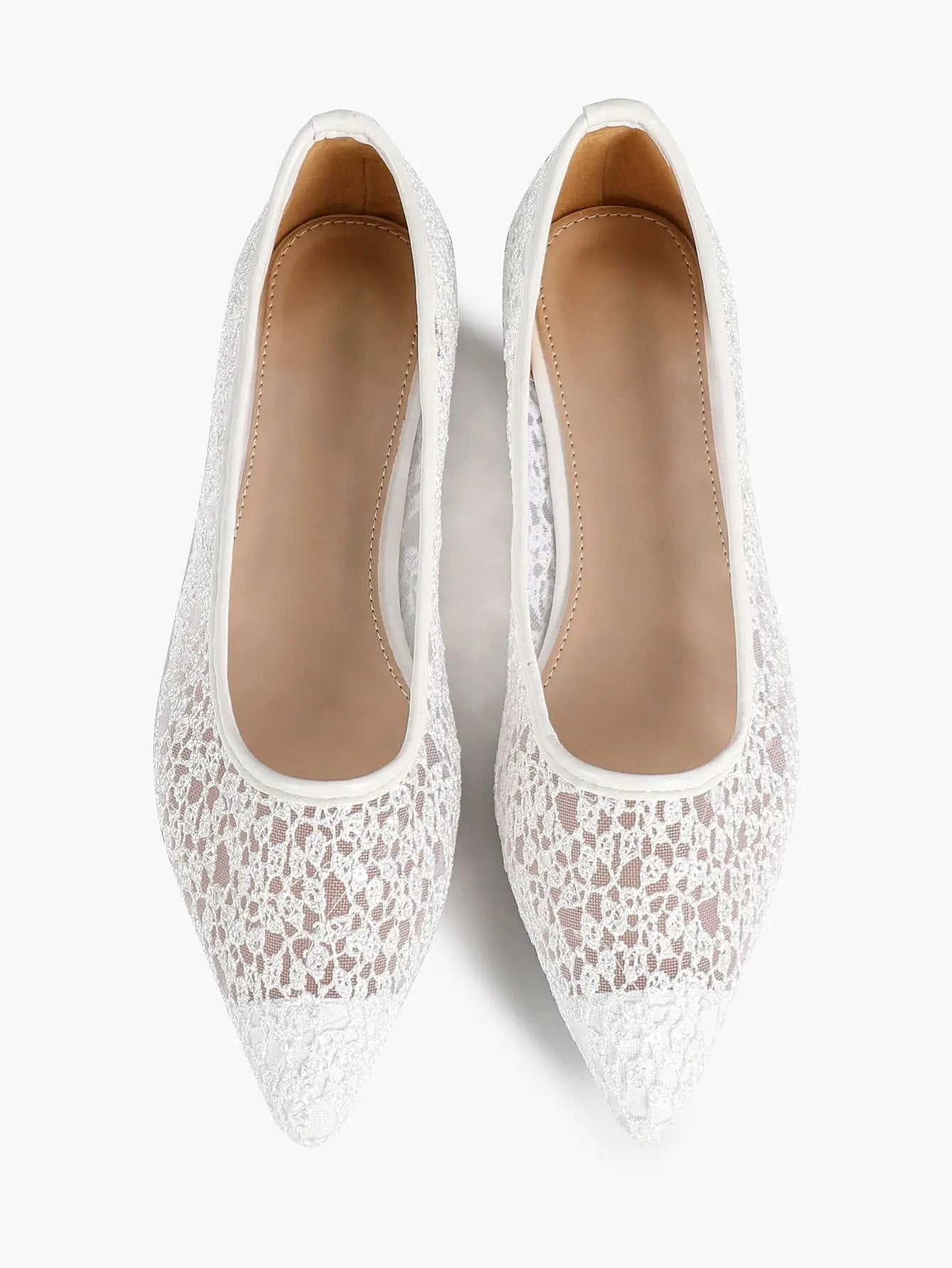 White Floral Lace Mesh Pointed Toe Flats – Women's Sheer Ballet Flat with 3D Bouquet Lace & Caramel Footbed YISHIFAN