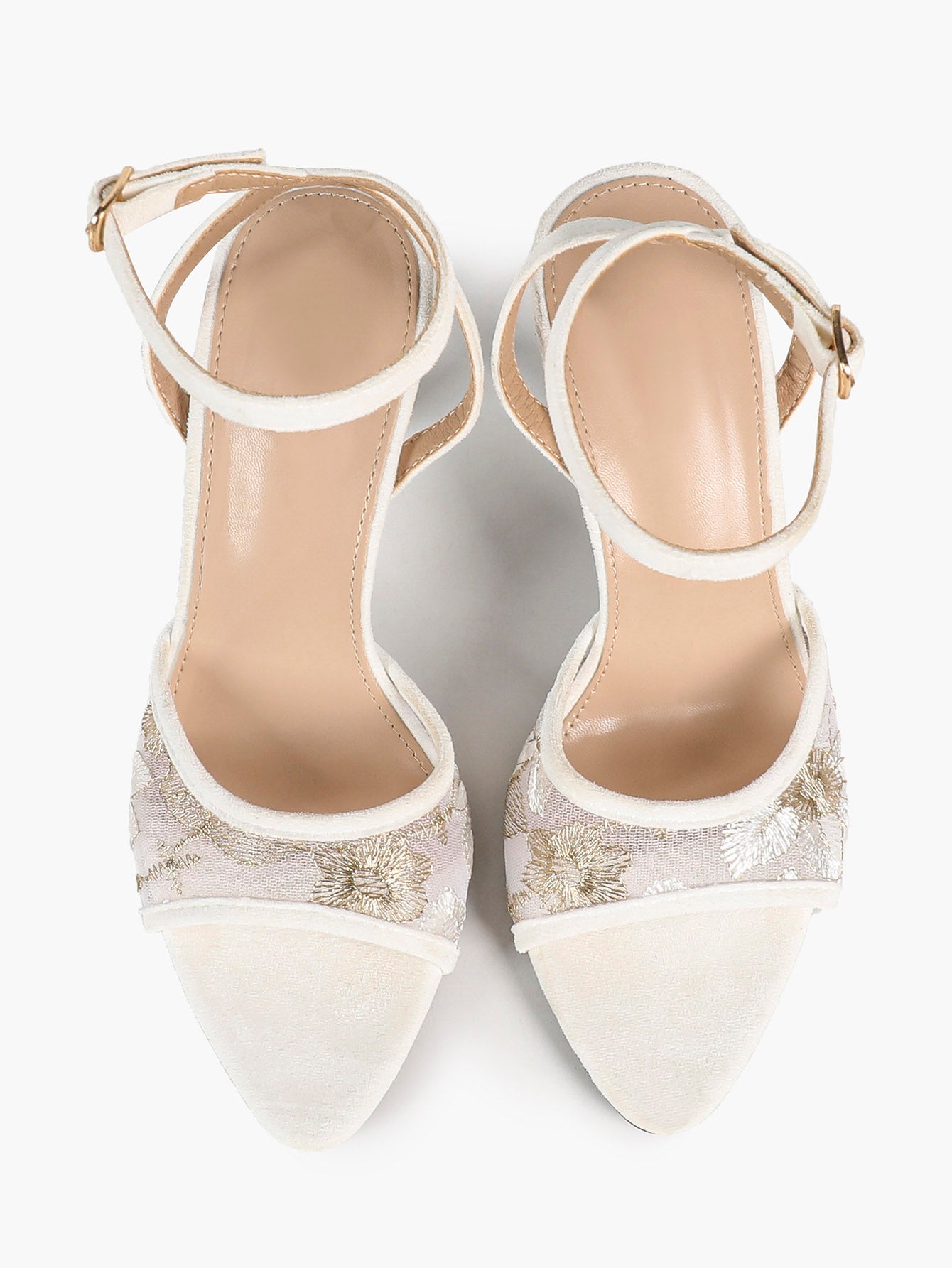 Cream Suede Trim Floral Sequin Strap Heels Ankle Buckle Pointed Open Toe Stilettos Chic Date Night Shoes