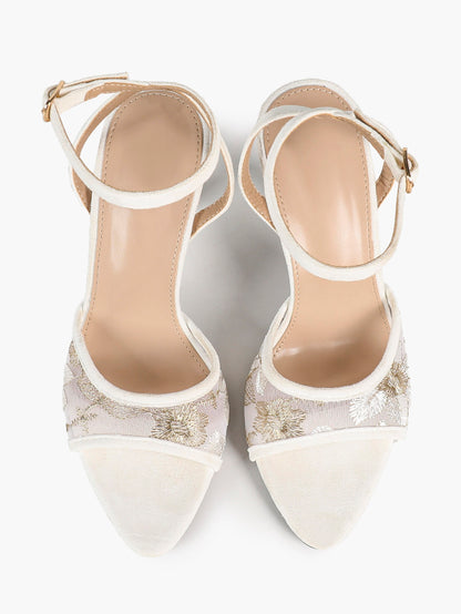 Cream Suede Trim Floral Sequin Strap Heels Ankle Buckle Pointed Open Toe Stilettos Chic Date Night Shoes