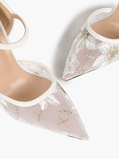 Sparkly Lace Pointed Toe Heels - 4.13" Ankle Strap Pumps with Non-Slip Sole