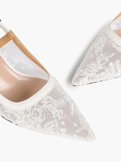 White Floral Embroidery Slingback Kitten Heels – Women's Pointed Toe Goblet Heel YISHIFAN