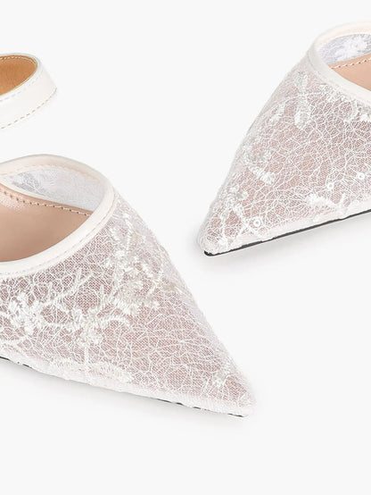 Black Sequin Lace Double Strap Kitten Heel  – Women's Pointed Toe Goblet Heel Slip-On YISHIFAN