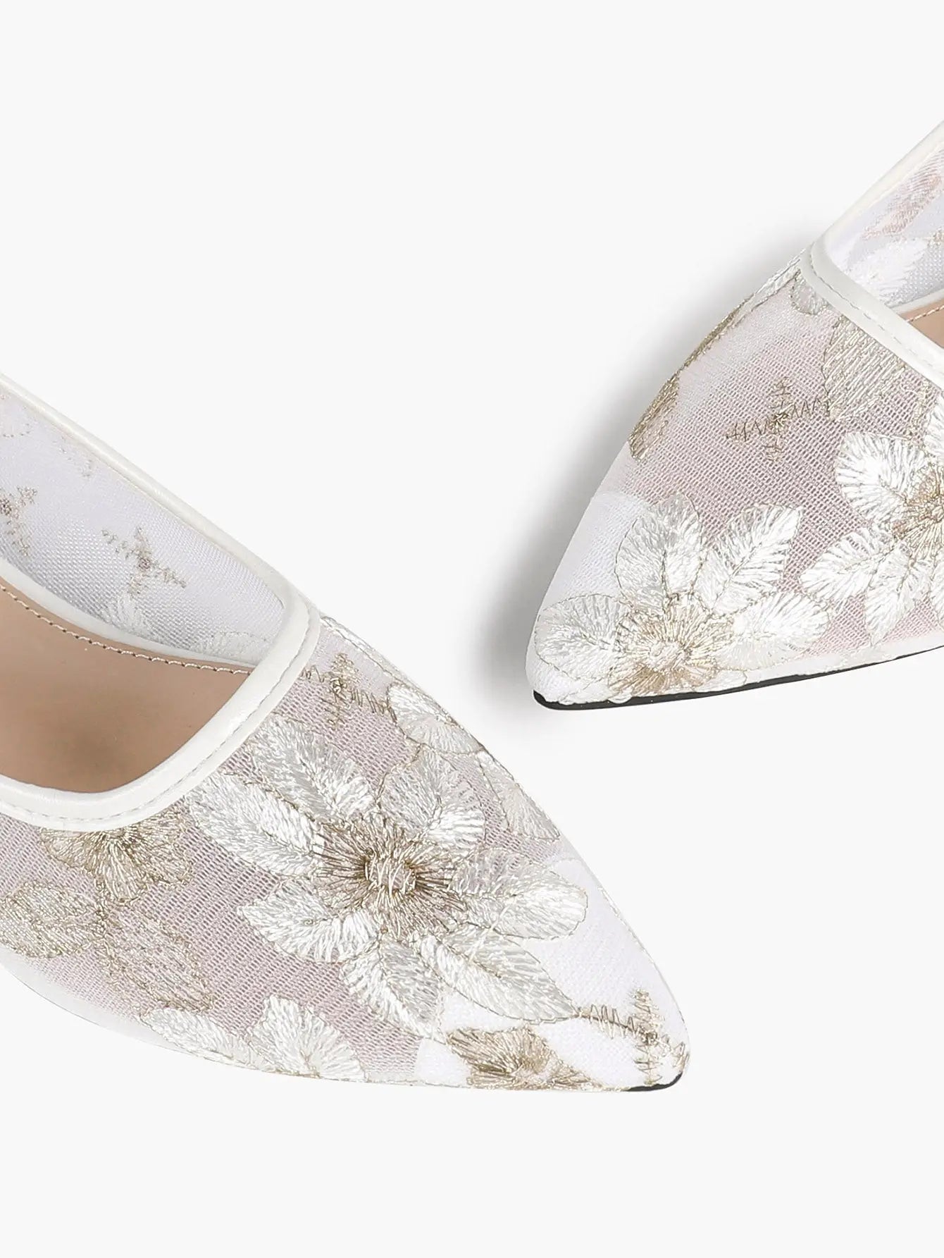 White & Gold Chrysanthemum Embroidery Mesh Pointed Toe Flats – Women's Metallic Floral Ballet Flat YISHIFAN