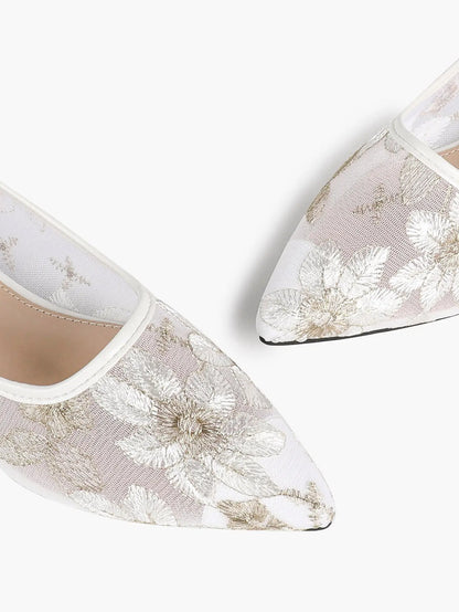 White & Gold Chrysanthemum Embroidery Mesh Pointed Toe Flats – Women's Metallic Floral Ballet Flat YISHIFAN