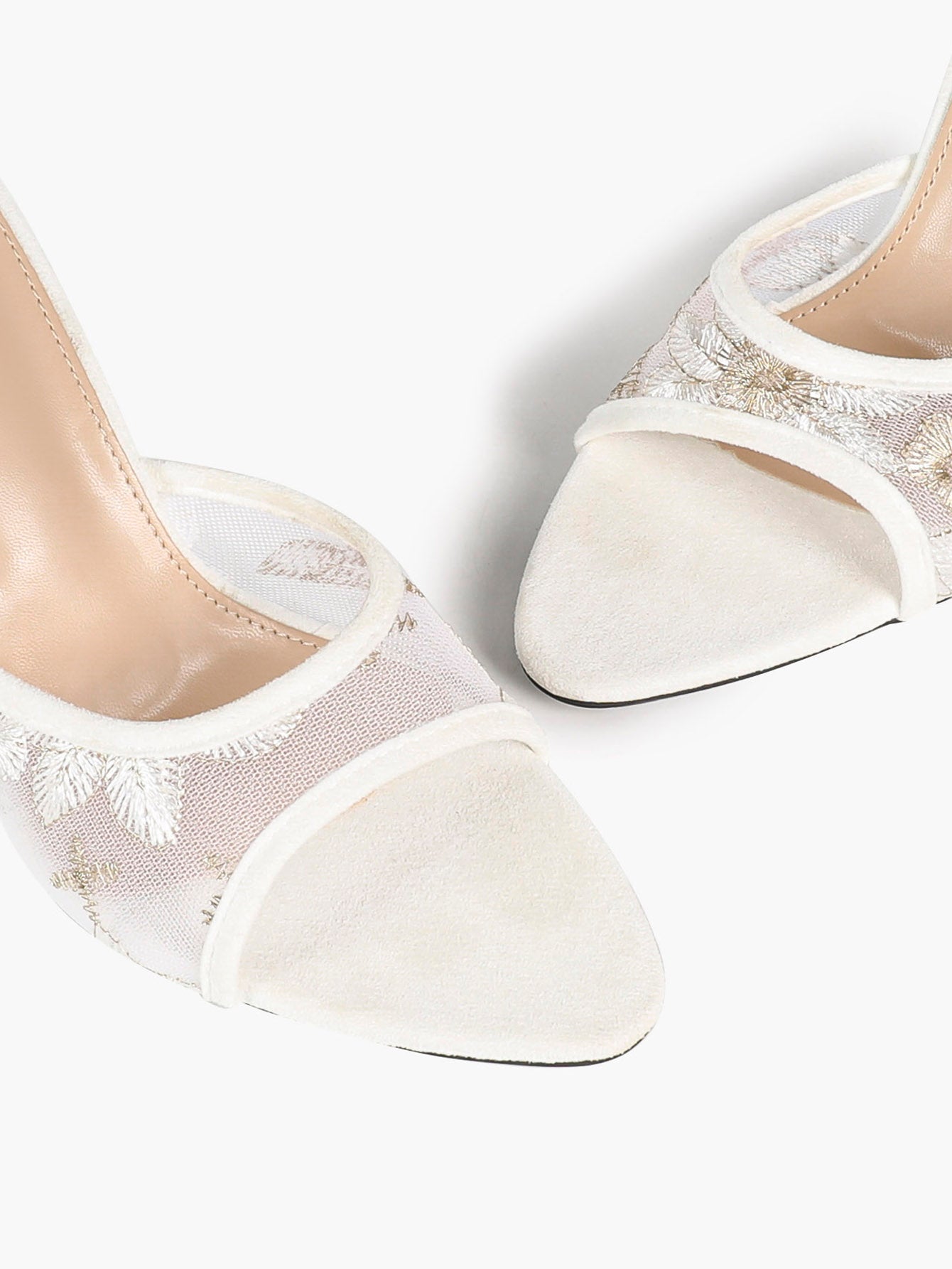 Beige Glitter Mesh Floral Embroidery Stiletto Mules Open Toe Slip-On Evening Party Club Shoes