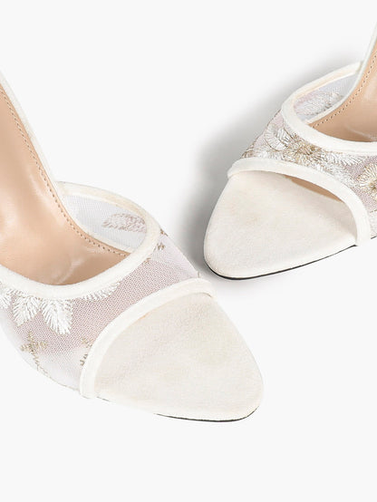 Beige Glitter Mesh Floral Embroidery Stiletto Mules Open Toe Slip-On Evening Party Club Shoes