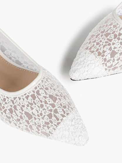 White Floral Lace Mesh Pointed Toe Flats – Women's Sheer Ballet Flat with 3D Bouquet Lace & Caramel Footbed YISHIFAN