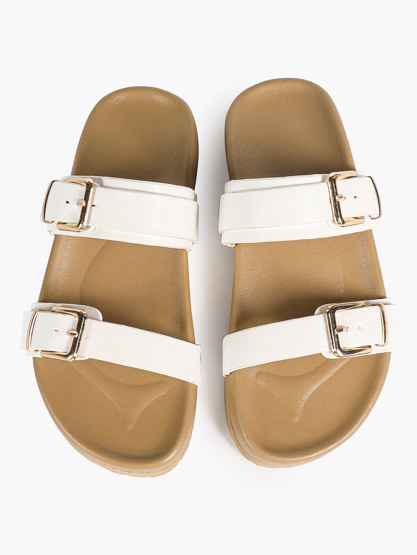 White Double-Buckle Platform Slide Sandals with Gold-Tone Hardware