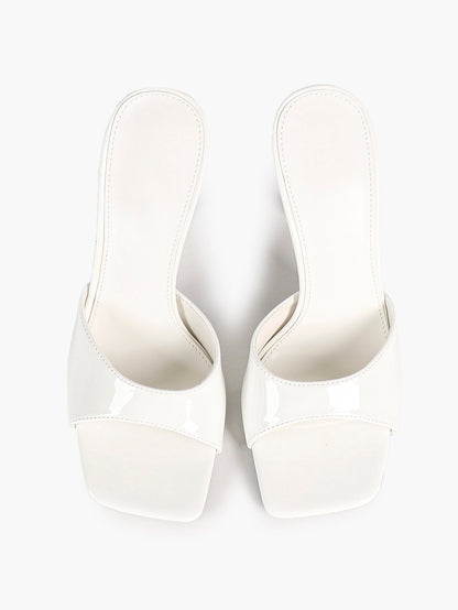 Women's White Patent Square Toe Stiletto Mules Slip-On Single Band Summer Vacation Shoes