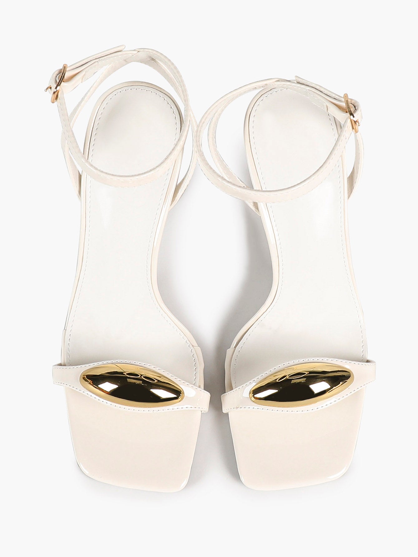 Chic White Glossy Heeled Sandals with Metal Accent - Square Toe Stilettos for Weddings & Parties