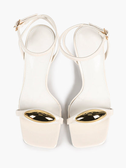 Chic White Glossy Heeled Sandals with Metal Accent - Square Toe Stilettos for Weddings & Parties