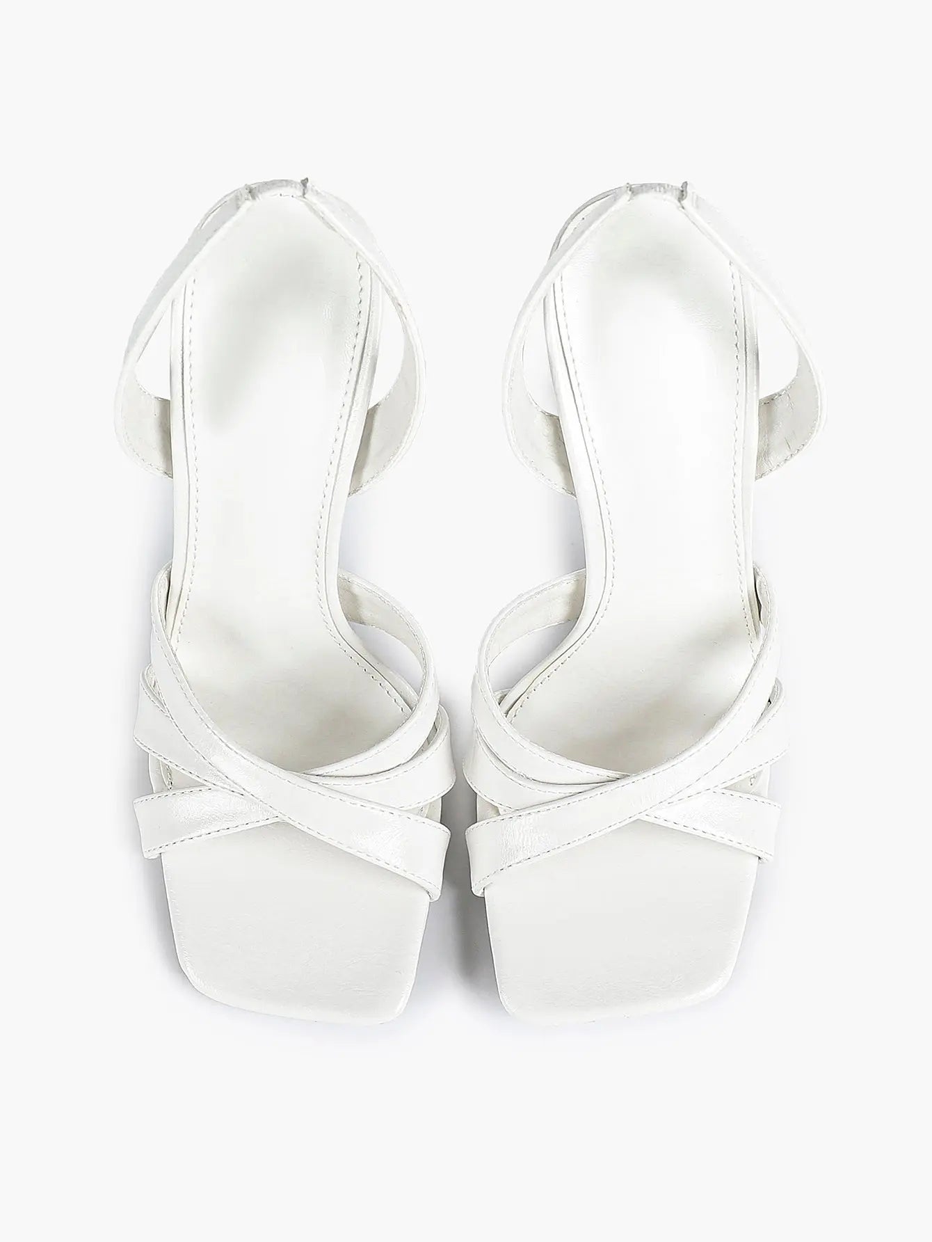 Women's White Leather Square-Toe Stiletto Heels Slingback Heels 3.74 Inch Cross-Strap Stiletto Sandals YISHIFAN