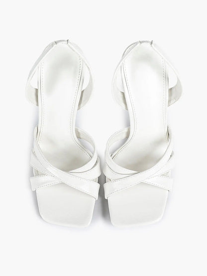 Women's White Leather Square-Toe Stiletto Heels Slingback Heels 3.74 Inch Cross-Strap Stiletto Sandals YISHIFAN