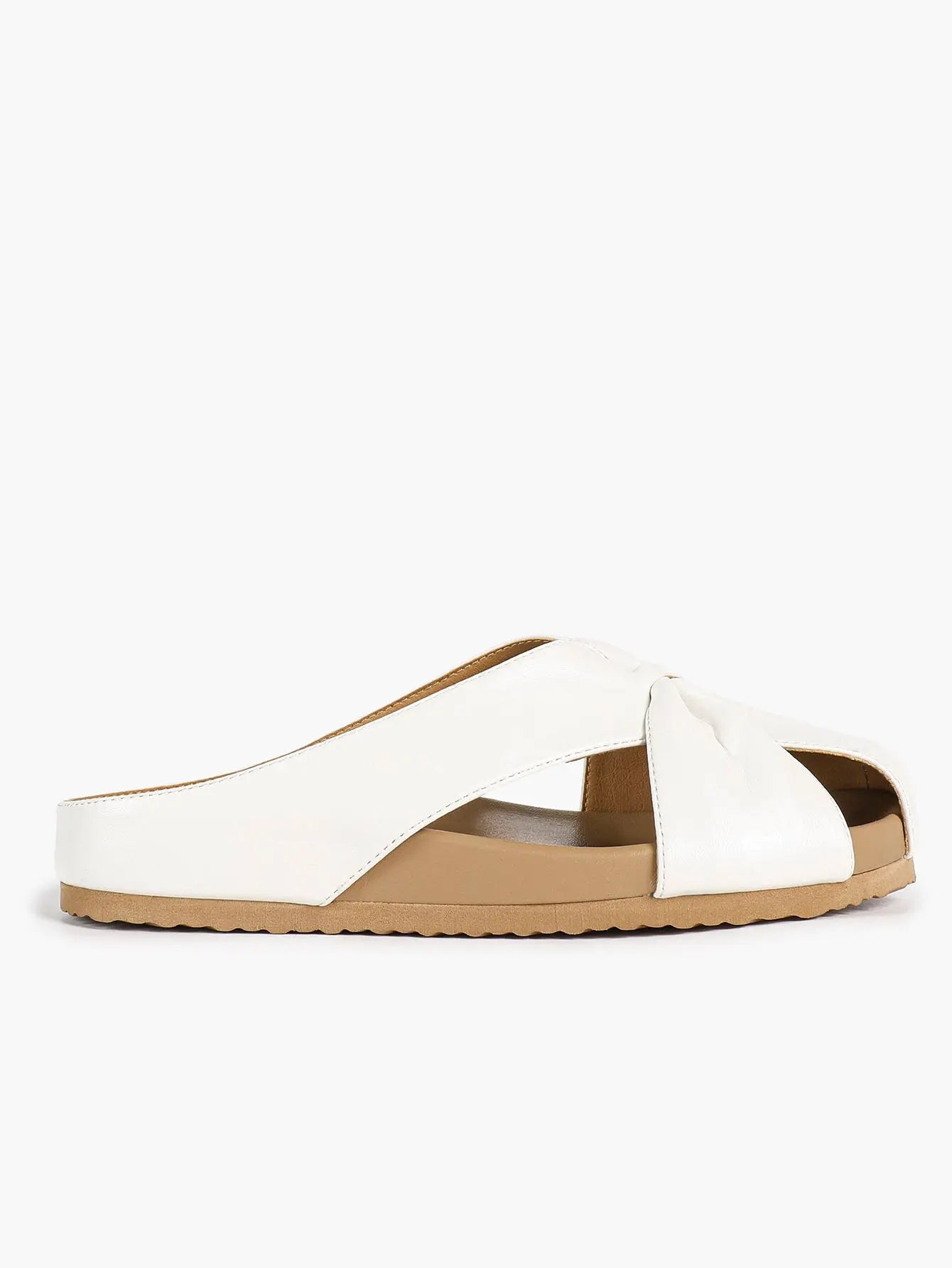 White Crossover Knot Slide Sandals – Women's Open Toe Flat Mule with Cushioned Footbed YISHIFAN