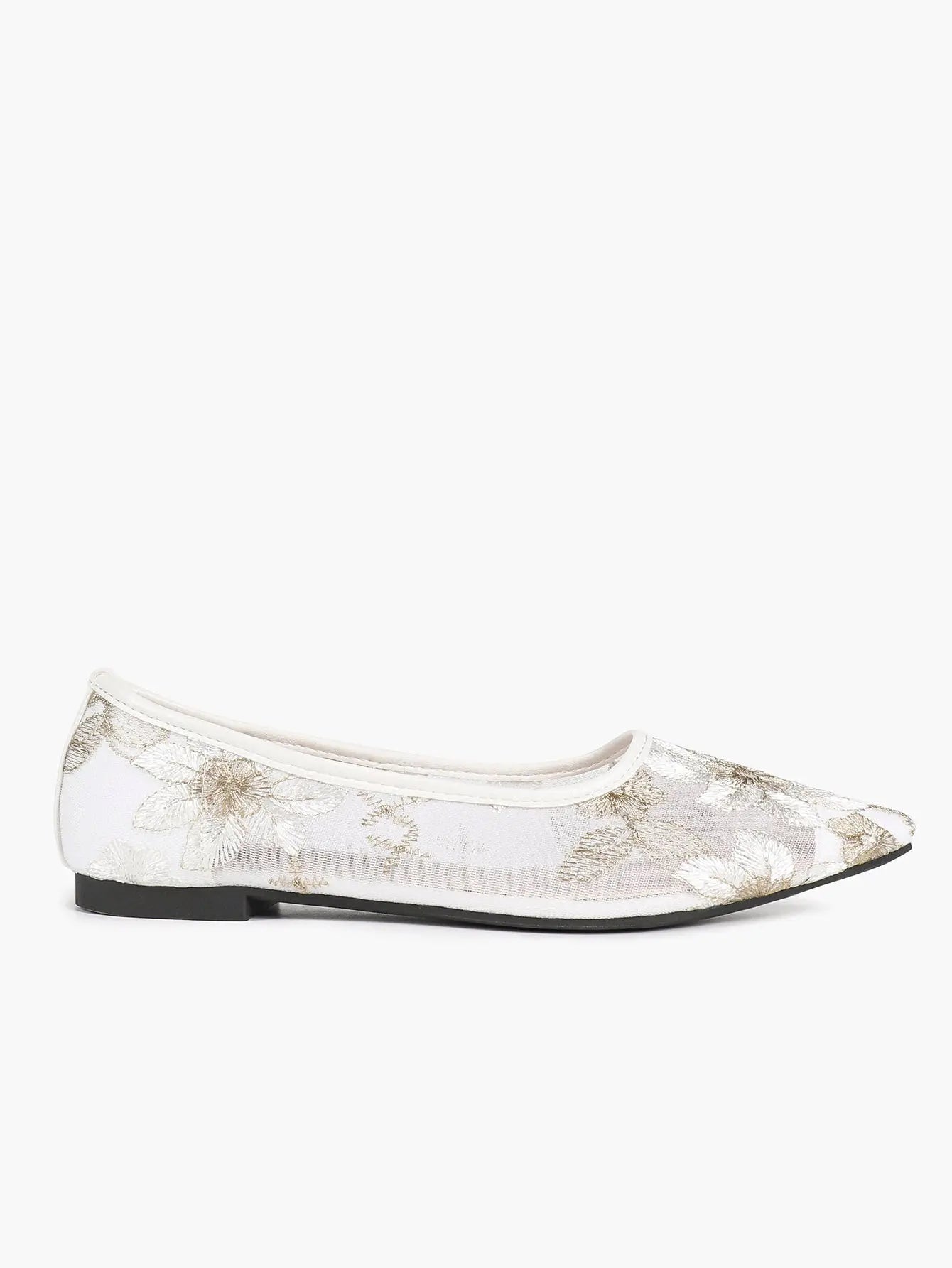 White & Gold Chrysanthemum Embroidery Mesh Pointed Toe Flats – Women's Metallic Floral Ballet Flat YISHIFAN