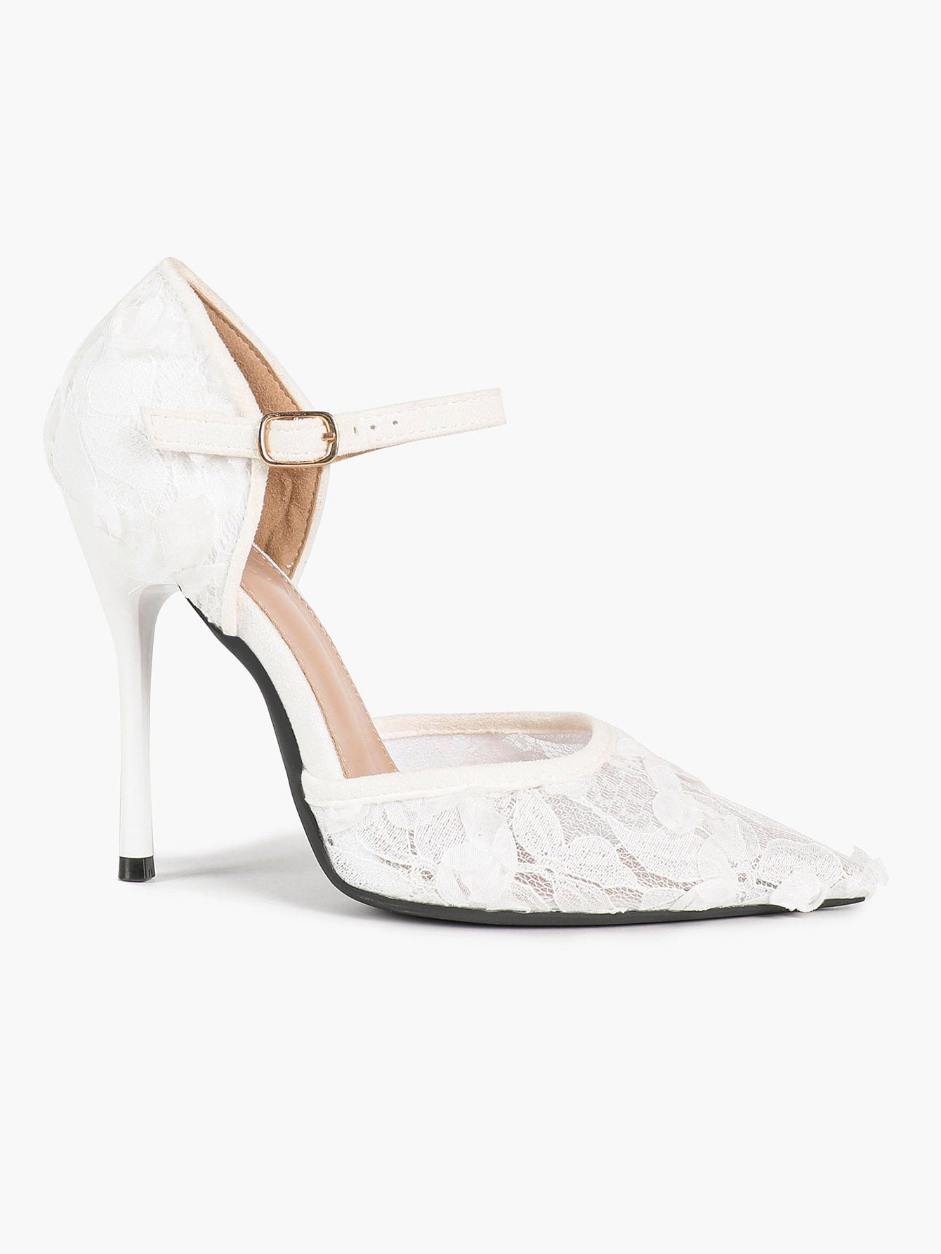Chic White 3D Lace Stiletto Pumps - Pointed Toe Ankle Strap Heels with Floral Appliqué