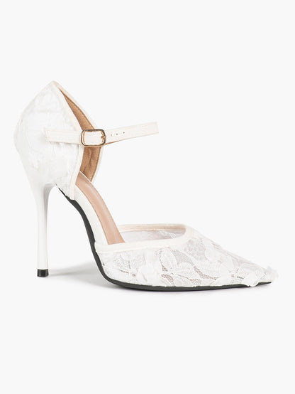 Chic White 3D Lace Stiletto Pumps - Pointed Toe Ankle Strap Heels with Floral Appliqué