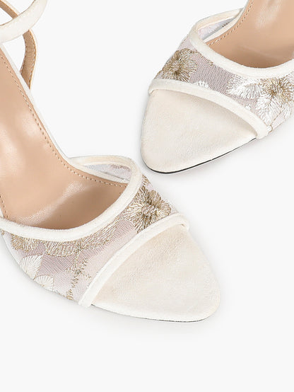 Cream Suede Trim Floral Sequin Strap Heels Ankle Buckle Pointed Open Toe Stilettos Chic Date Night Shoes