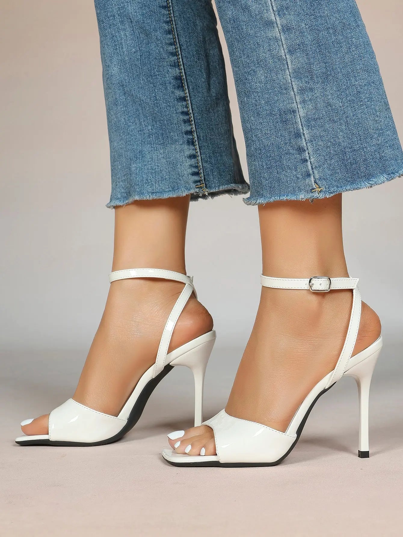 Women's Stiletto Heels 4.13 Inch Square Toe Ankle Strap Sandals Wedding Party Office Dress Shoes YISHIFAN