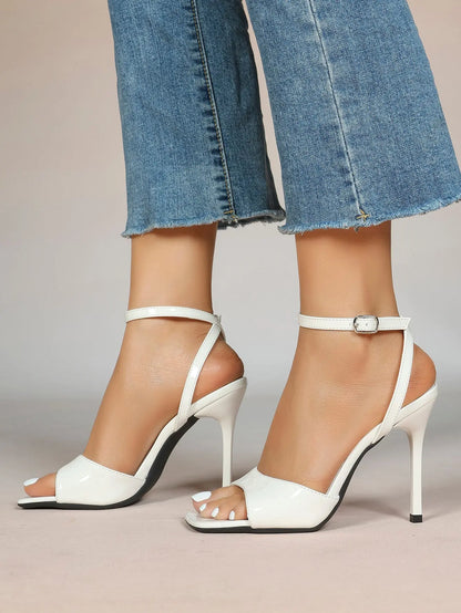 Women's Stiletto Heels 4.13 Inch Square Toe Ankle Strap Sandals Wedding Party Office Dress Shoes YISHIFAN