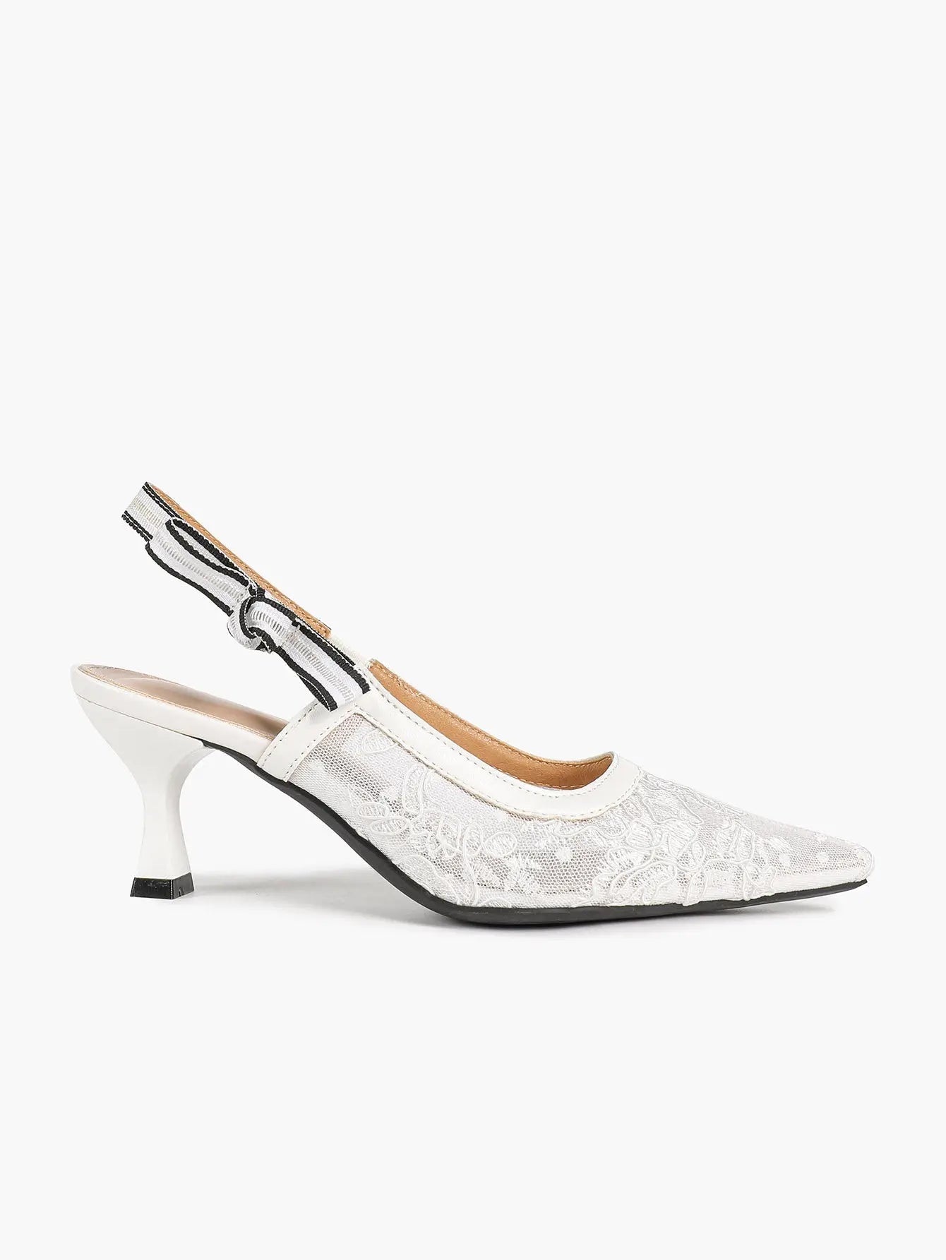 White Floral Embroidery Slingback Kitten Heels – Women's Pointed Toe Goblet Heel YISHIFAN