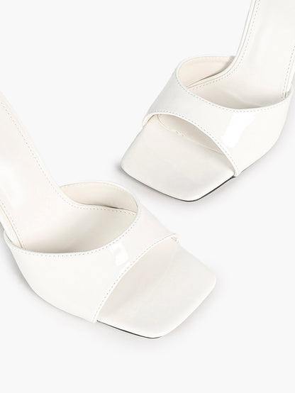 Women's White Patent Square Toe Stiletto Mules Slip-On Single Band Summer Vacation Shoes