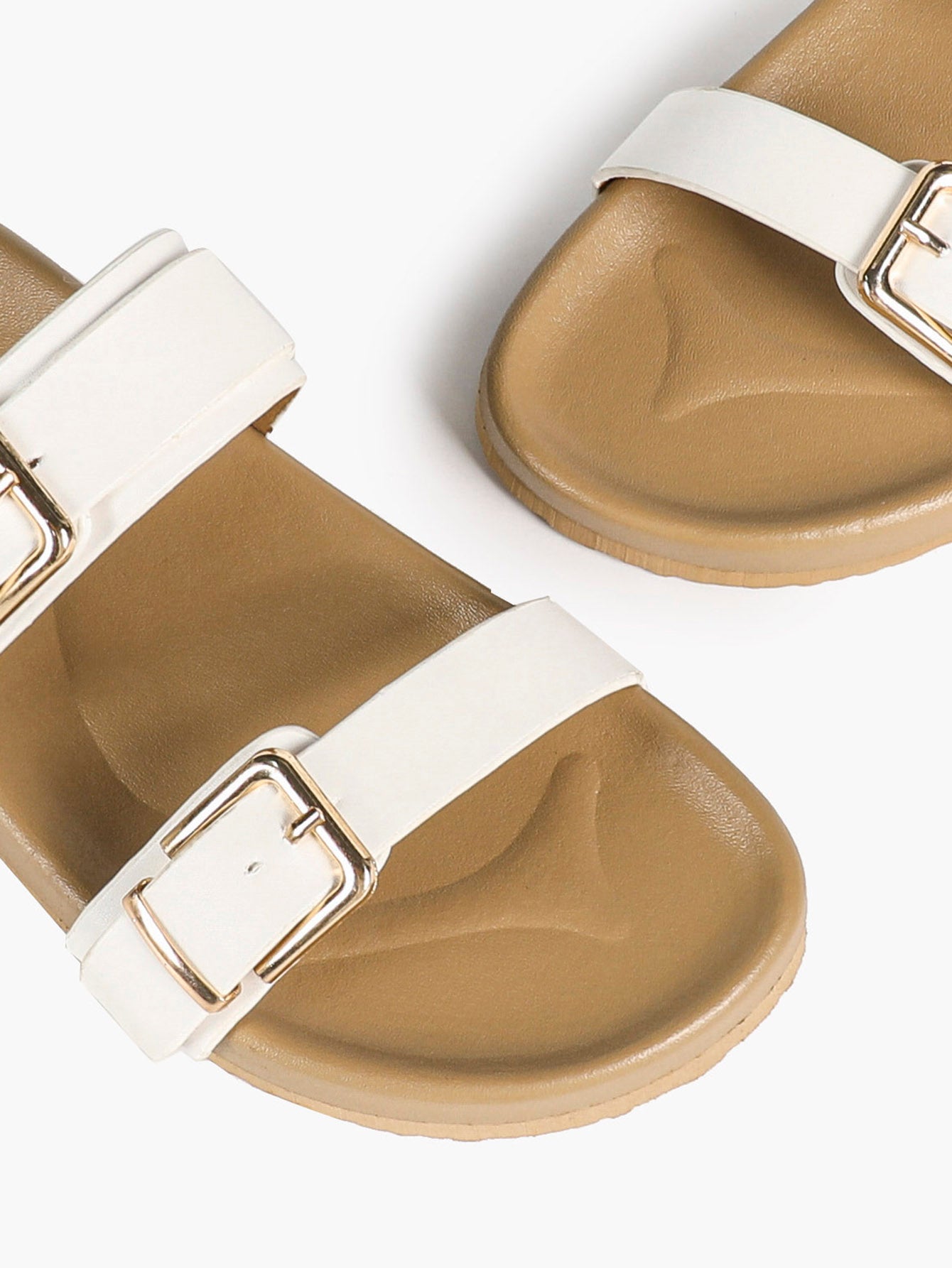 White Double-Buckle Platform Slide Sandals with Gold-Tone Hardware