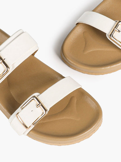 White Double-Buckle Platform Slide Sandals with Gold-Tone Hardware