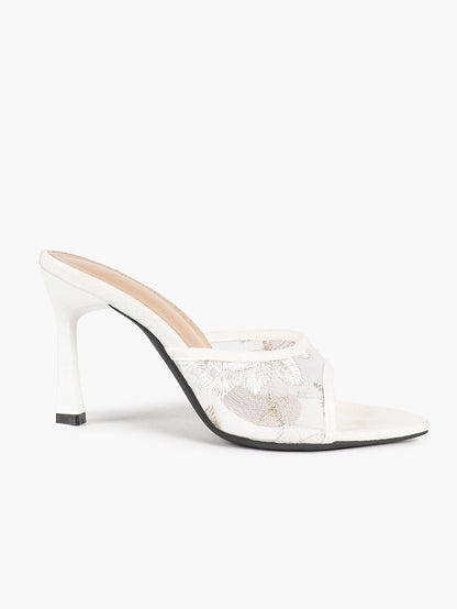 Beige Glitter Mesh Floral Embroidery Stiletto Mules Open Toe Slip-On Evening Party Club Shoes