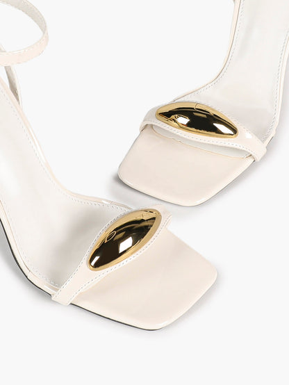 Chic White Glossy Heeled Sandals with Metal Accent - Square Toe Stilettos for Weddings & Parties