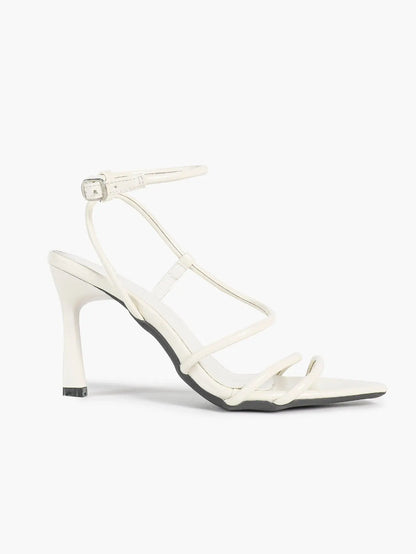 Cognac Multi-Strap Square Toe Stiletto Sandals – Women’s Tubular Toe Strap Ankle Strap Heels YISHIFAN