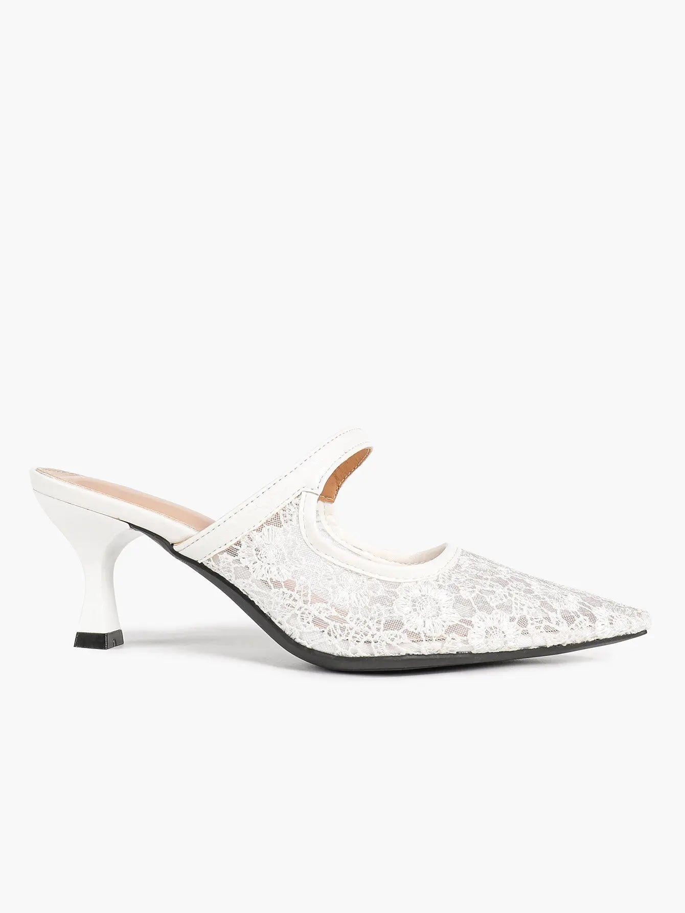 Black Floral Lace Mary Jane Kitten Heel Mules – Women's Pointed Toe Goblet Heel Slip-On YISHIFAN
