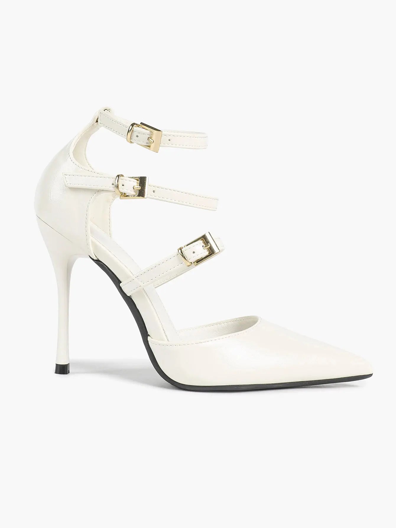 Cream Triple Ankle Strap Stiletto Pumps – Women’s Pointed Toe Cage Heel High Heels YISHIFAN