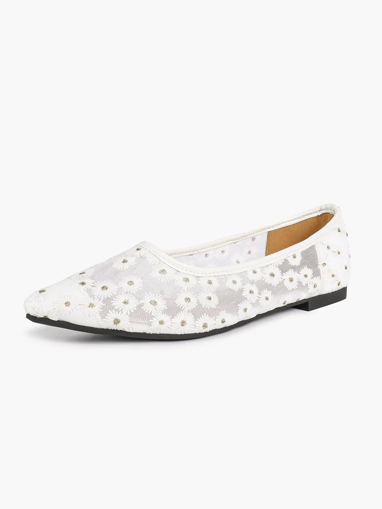 Black Floral Lace & Gold Star Embroidery Mesh Pointed Toe Flats – Women's Night-Sky Ballet Flat YISHIFAN