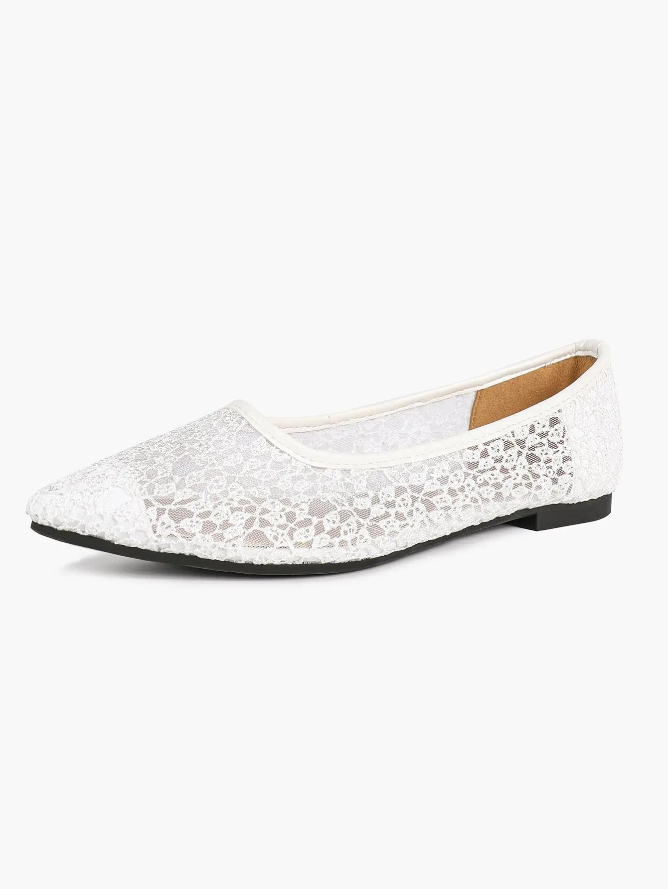 White Floral Lace Mesh Pointed Toe Flats – Women's Sheer Ballet Flat with 3D Bouquet Lace & Caramel Footbed YISHIFAN