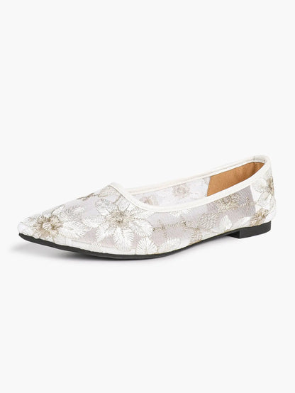 White & Gold Chrysanthemum Embroidery Mesh Pointed Toe Flats – Women's Metallic Floral Ballet Flat YISHIFAN