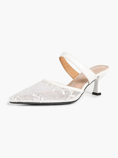 Black Sequin Lace Double Strap Kitten Heel  – Women's Pointed Toe Goblet Heel Slip-On YISHIFAN