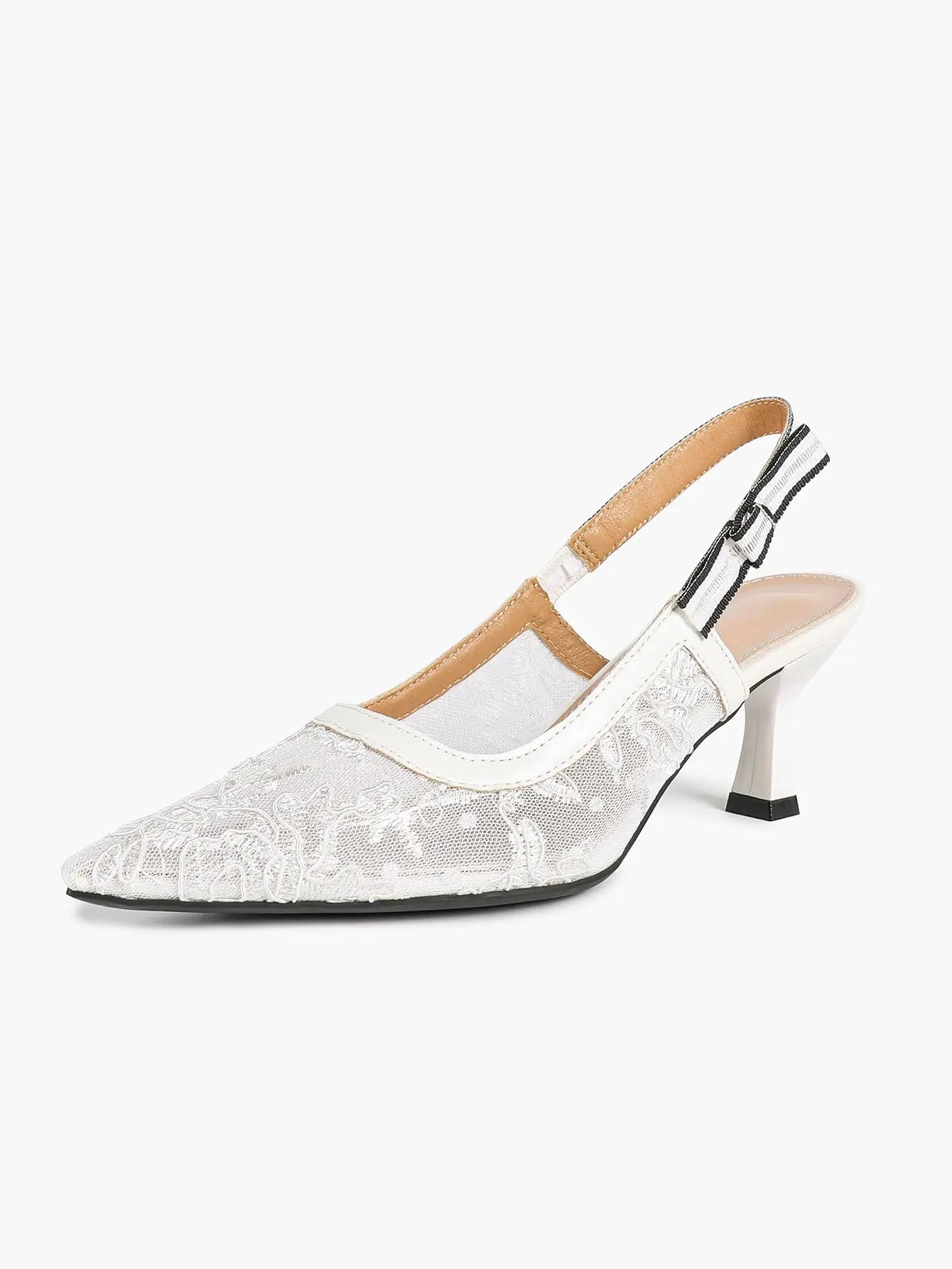 White Floral Embroidery Slingback Kitten Heels – Women's Pointed Toe Goblet Heel YISHIFAN