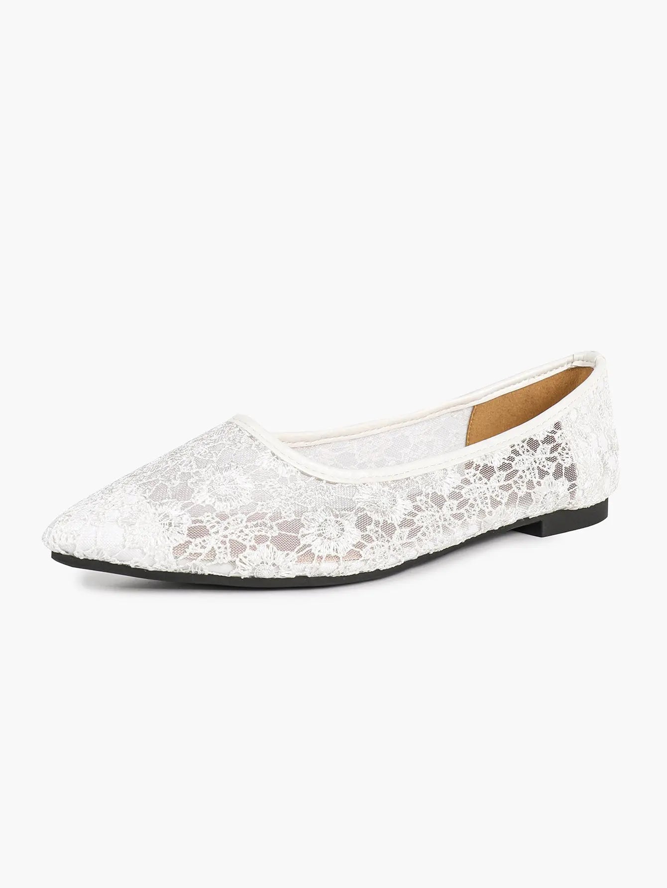 White Daisy Lace Sheer Mesh Pointed Toe Flats – Women's See-Through Bridal Ballet Flat with Caramel Footbed YISHIFAN