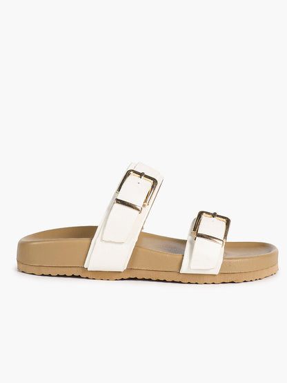 White Double-Buckle Platform Slide Sandals with Gold-Tone Hardware