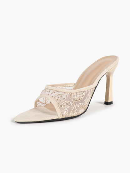 Women's Apricot Suede Trim Mesh Pointed Toe Stiletto Mules Slip-On Chic Office Shoes