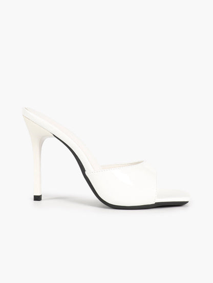 Women's White Patent Square Toe Stiletto Mules Slip-On Single Band Summer Vacation Shoes