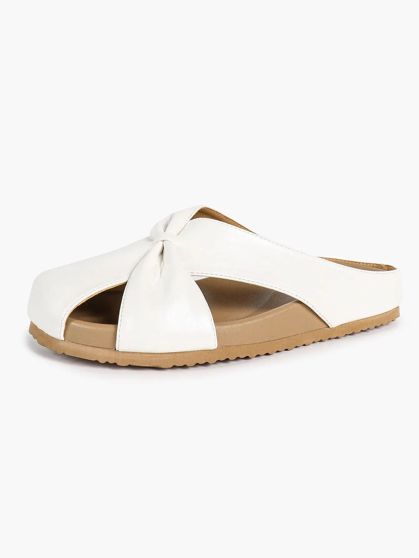 White Crossover Knot Slide Sandals – Women's Open Toe Flat Mule with Cushioned Footbed YISHIFAN