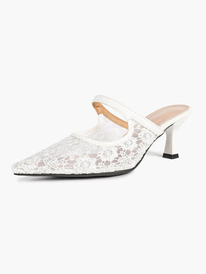 Black Floral Lace Mary Jane Kitten Heel Mules – Women's Pointed Toe Goblet Heel Slip-On YISHIFAN