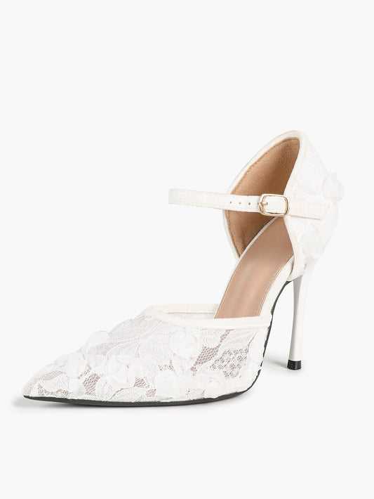 Chic White 3D Lace Stiletto Pumps - Pointed Toe Ankle Strap Heels with Floral Appliqué