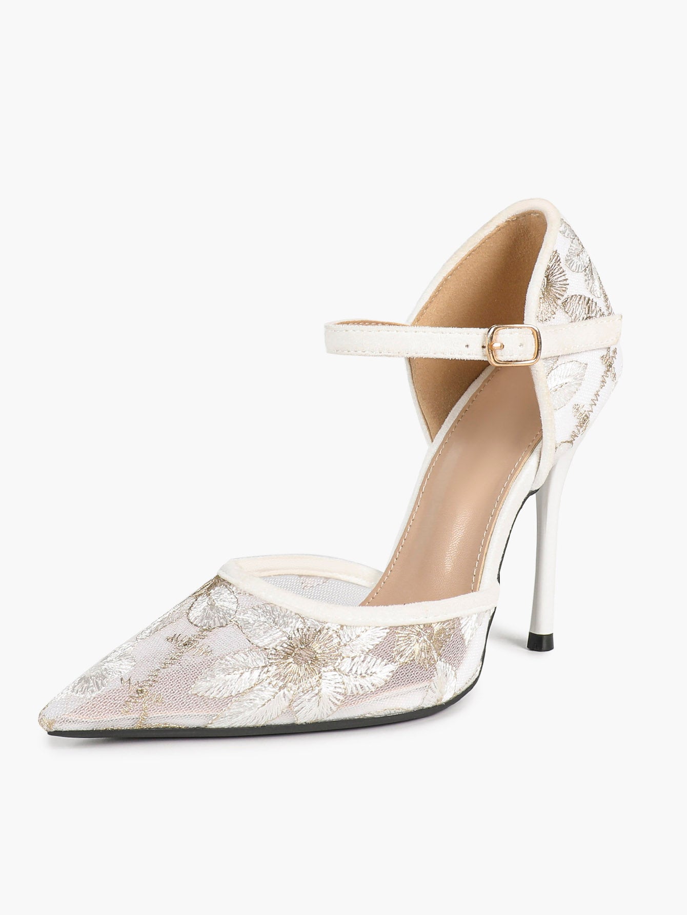 Sparkly Lace Pointed Toe Heels - 4.13" Ankle Strap Pumps with Non-Slip Sole