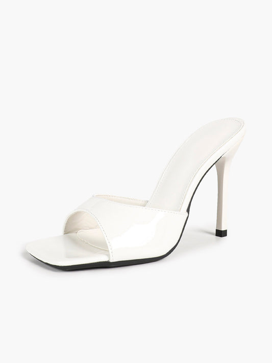 Women's White Patent Square Toe Stiletto Mules Slip-On Single Band Summer Vacation Shoes