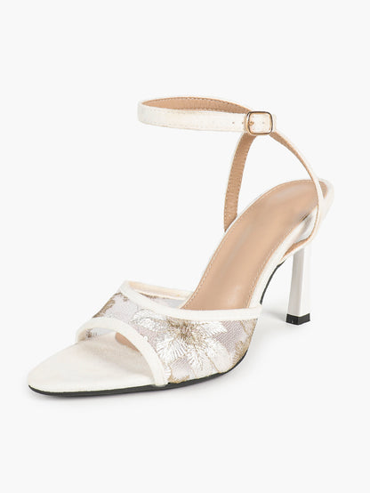 Cream Suede Trim Floral Sequin Strap Heels Ankle Buckle Pointed Open Toe Stilettos Chic Date Night Shoes