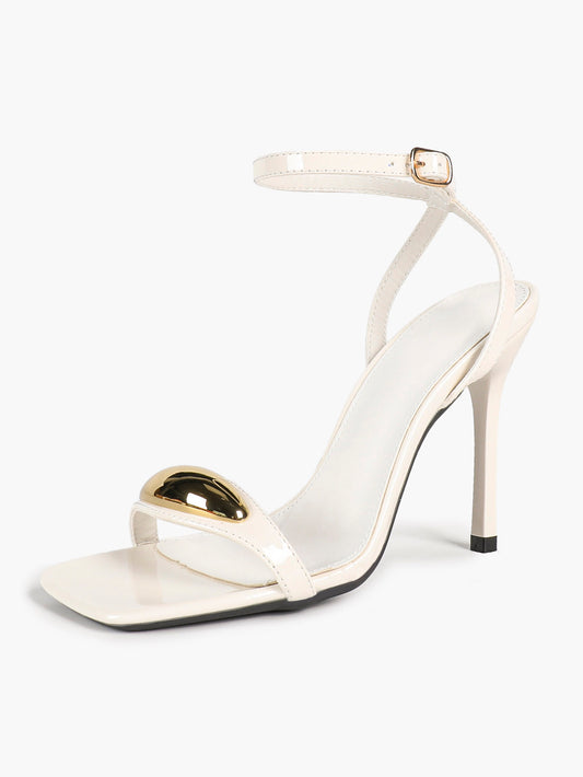 Chic White Glossy Heeled Sandals with Metal Accent - Square Toe Stilettos for Weddings & Parties